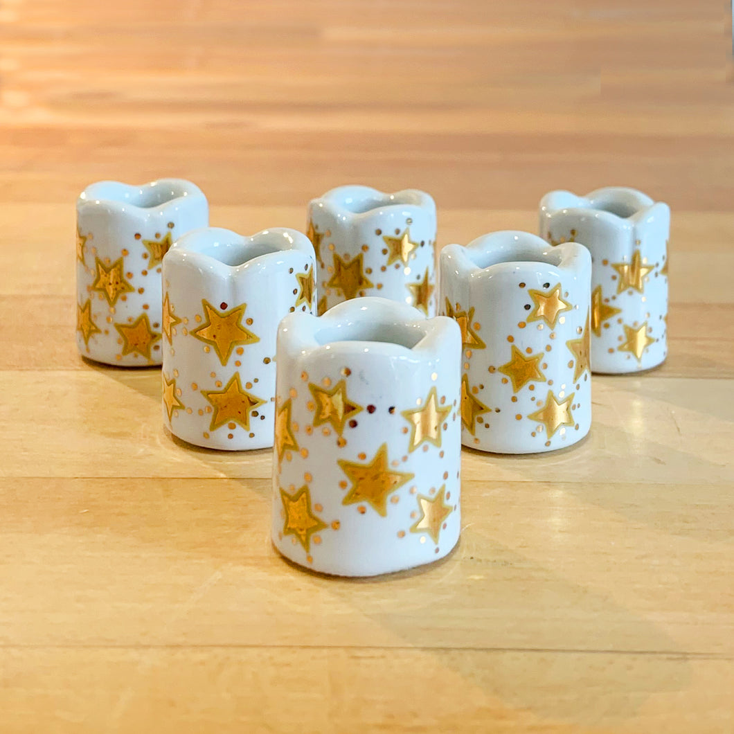 Set of six vintage mini taper holly berry porcelain candle holders perfect for Christmas or any special celebration decorating, adding ambience to your holiday decor! Made by Funny Design of West Germany.  In excellent condition, no chips or cracks.