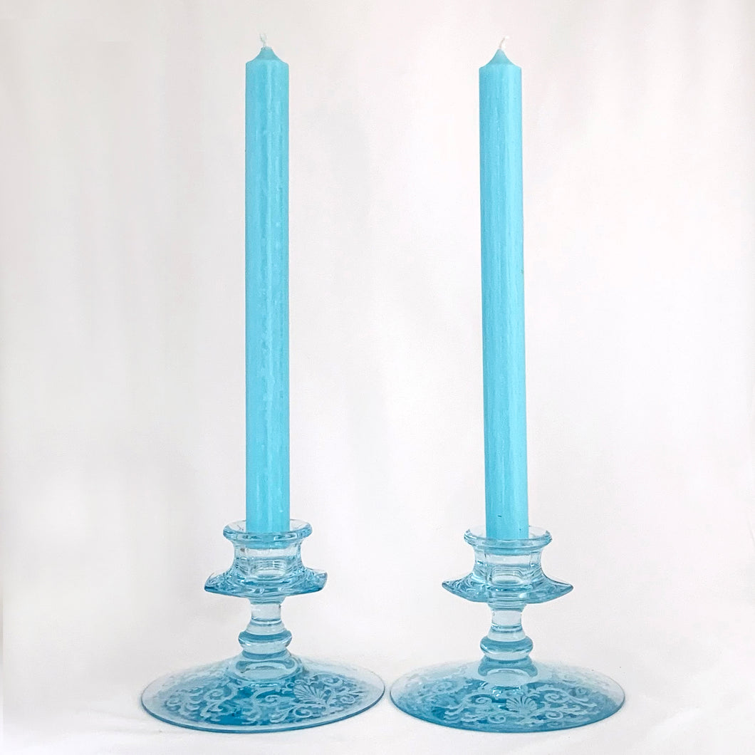 Gorgeous pair of vintage pale blue depression glass single light candle holders in the lovely 