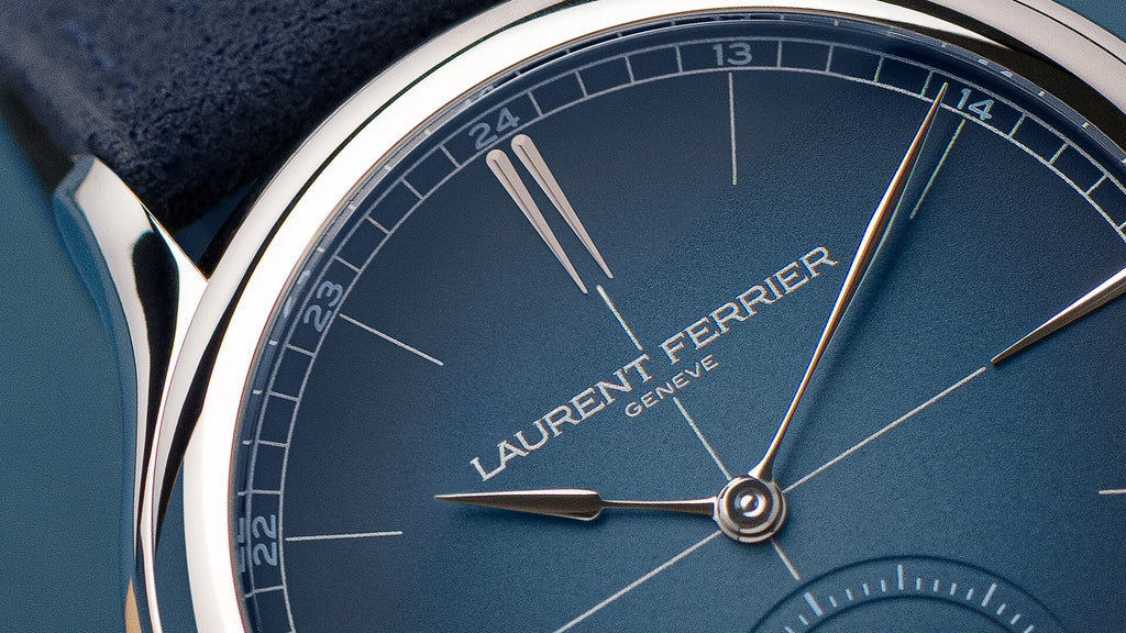 Close-up of Laurent Ferrier fine niche watchmaking company based in Geneva Switzerland, Origin Blue dial model with titanium grade 5 case. Photo taken by Cyril Biselx
