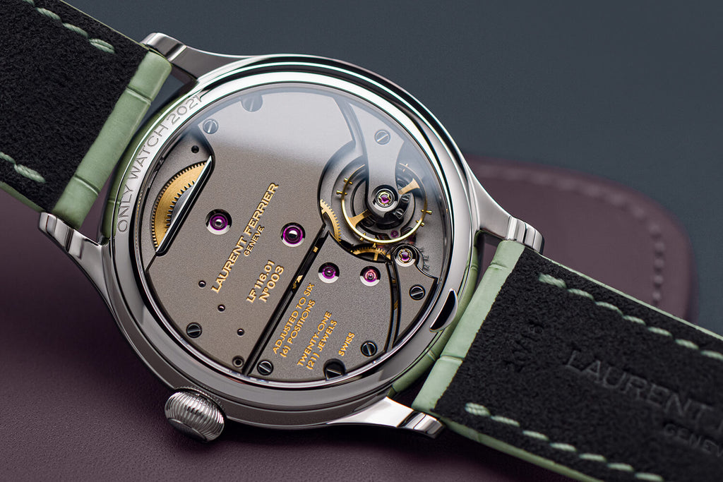 Back movement side of Laurent Ferrier unique 1-piece "Classic Origin 'Hope'" watch for Only Watch 2021 charity auction