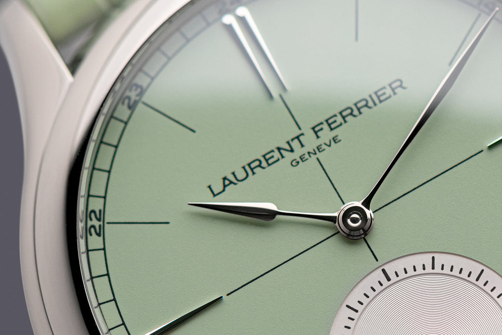 Close-up macro of Laurent Ferrier's Only Watch 2021 "Classic Origin Hope" dial's in matte ultramarine green. Photographer Cyril Biselx