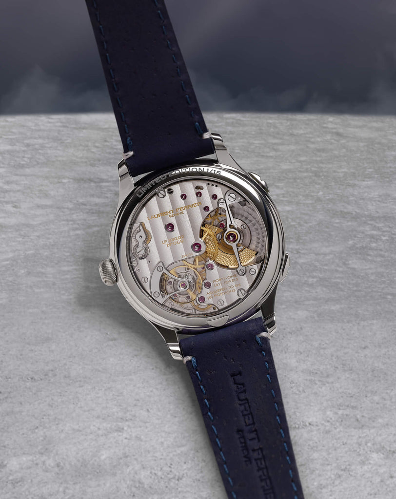 Laurent Ferrier Geneva Classic Traveller Meteorite model resting on the moon with LF 230.02 highly handfinished movement visible through the sapphire caseback. The bracelet is deep blue in a cork material. Photographer Cyril Biselx