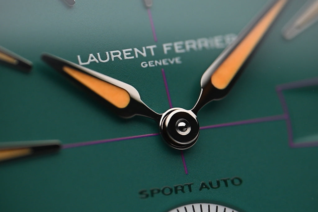 Close-up view of the LF Série Atelier V online exclusive "Sport Auto 40" watch with deep green blue dial