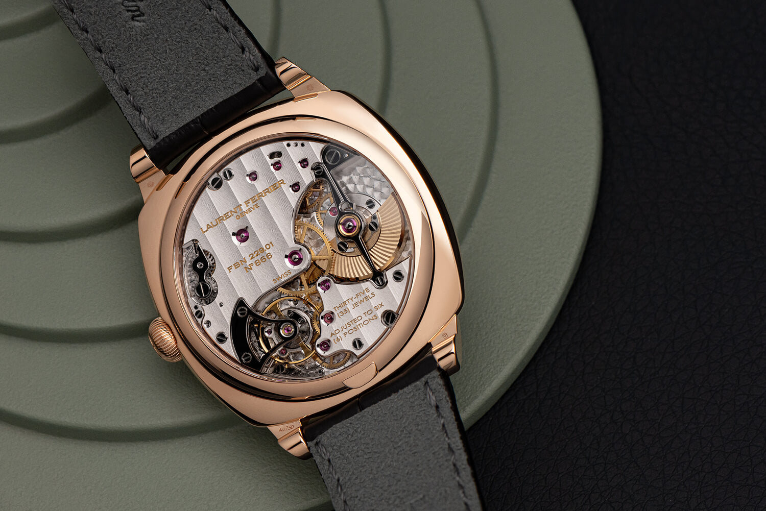 view of highly hand-finished FBN 229.01 movement in 18k red gold cushion-shaped "square" case. Photographer Cyril Biselx