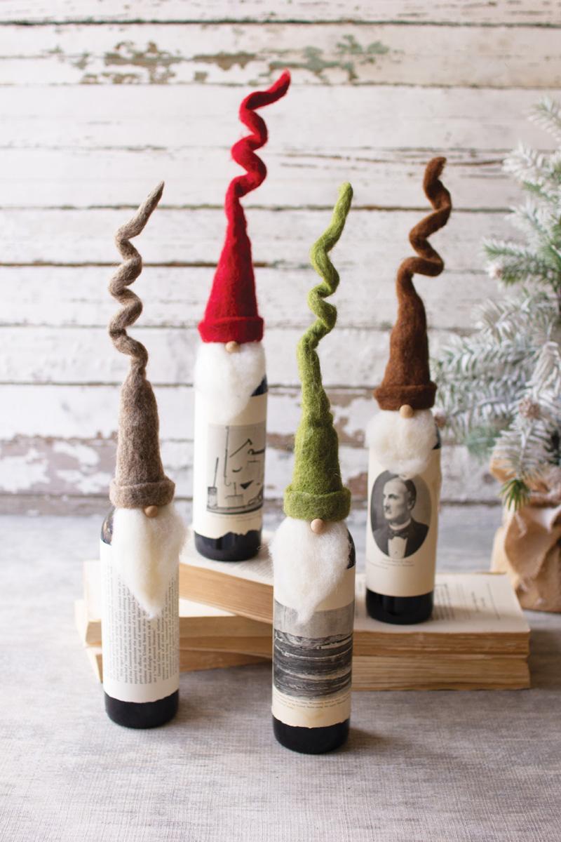 Set Of Four Felt Santa Wine Toppers With Curly Hats