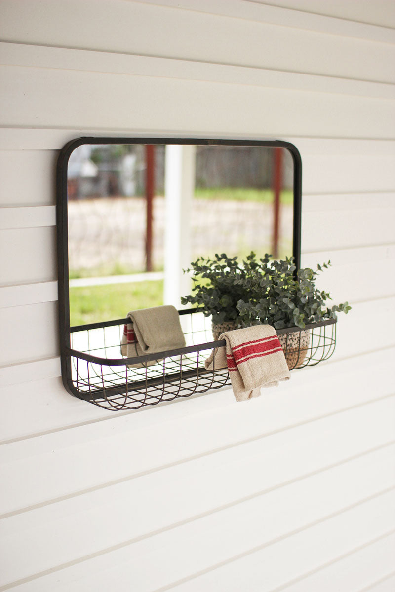 Rectangle Mirror with Wire Basket Shelf
