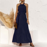 Solid Color Halter Sleeveless A-line Maxi Dress