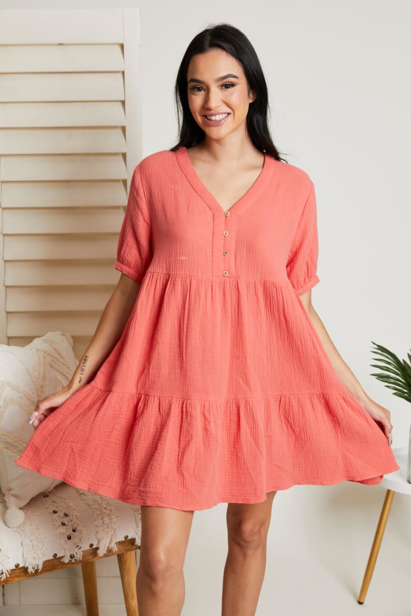 Summer Blooms Full Size Quarter Button Dress in Coral - Fashion Bug Online