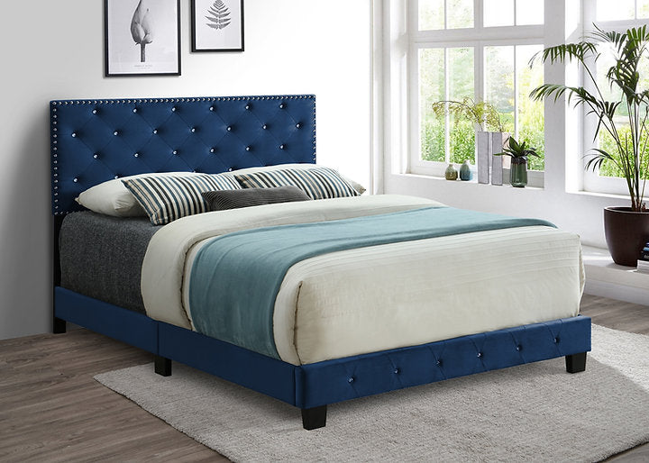 King Blue Velvet Platform Bed with Nailhead and Rhinestone button tufting 5652