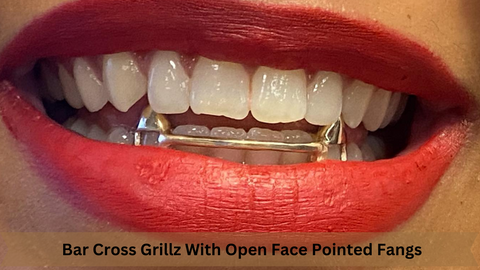 Bar Cross Grillz With Open Face Pointed Fangs For Teeth | Grillz Godz