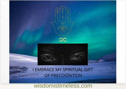 Postcard with colorful sky and pensive eyes design, original hamsa/hand infinity symbol logo, and spiritual quote. "I Embrace My Spiritual Gift Of Precognition." - Jamilliah. JAMILLIAH'S WISDOM IS TIMELESS SHOP, wisdomistimeless.com.