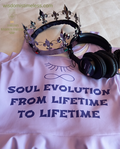 Purple skater dress with original closed eye/infinity symbol logo and quote, front. "Soul Evolution From Lifetime To Lifetime." Show with a crown and headphones. JAMILLIAH'S WISDOM IS TIMELESS SHOP, wisdomistimeless.com.