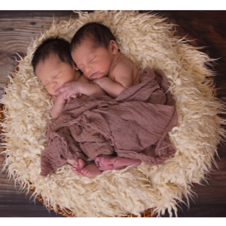 Two babies covered with a brown blanket, laying on a beige shag rug, on top of a wooden floor.