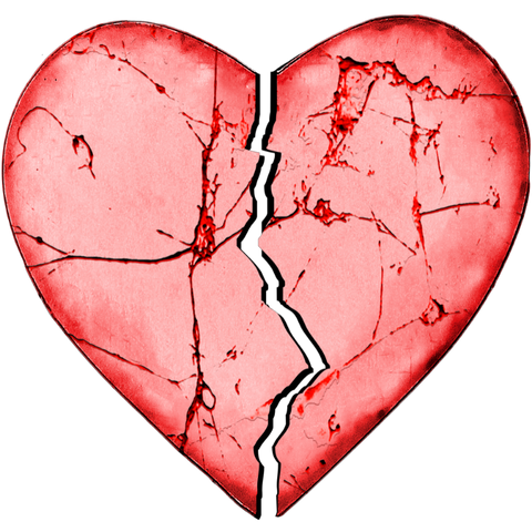 Red/pink heart fractured and broken in half.