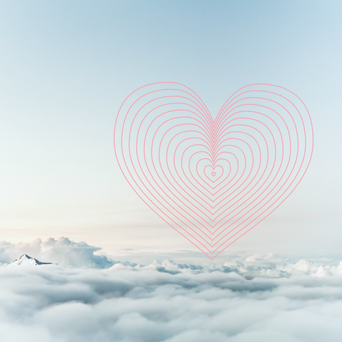 Blue/grey sky, with Blue/grey clouds, and large pink heart, with 13 smaller pink hearts inside. 