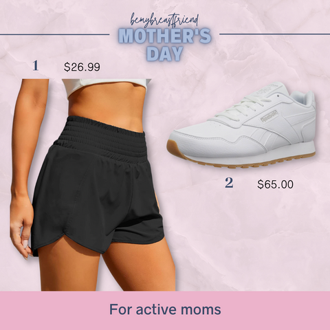 Women's high waisted, black, athletic, dolphin-cut shorts. White Reebok tennis shoes.