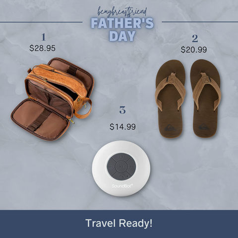 leather travel bag for toiletries, brown flip-flops, and a blutooth shower speaker
