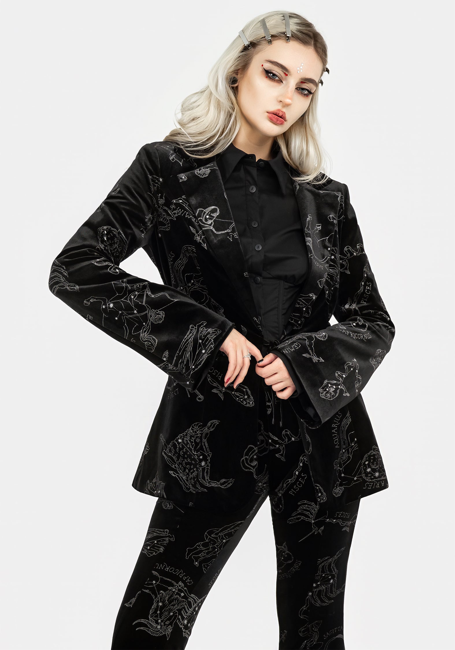 Women's Zodiac Foil Print Velour Blazer - Black - UK 6 - Disturbia UK