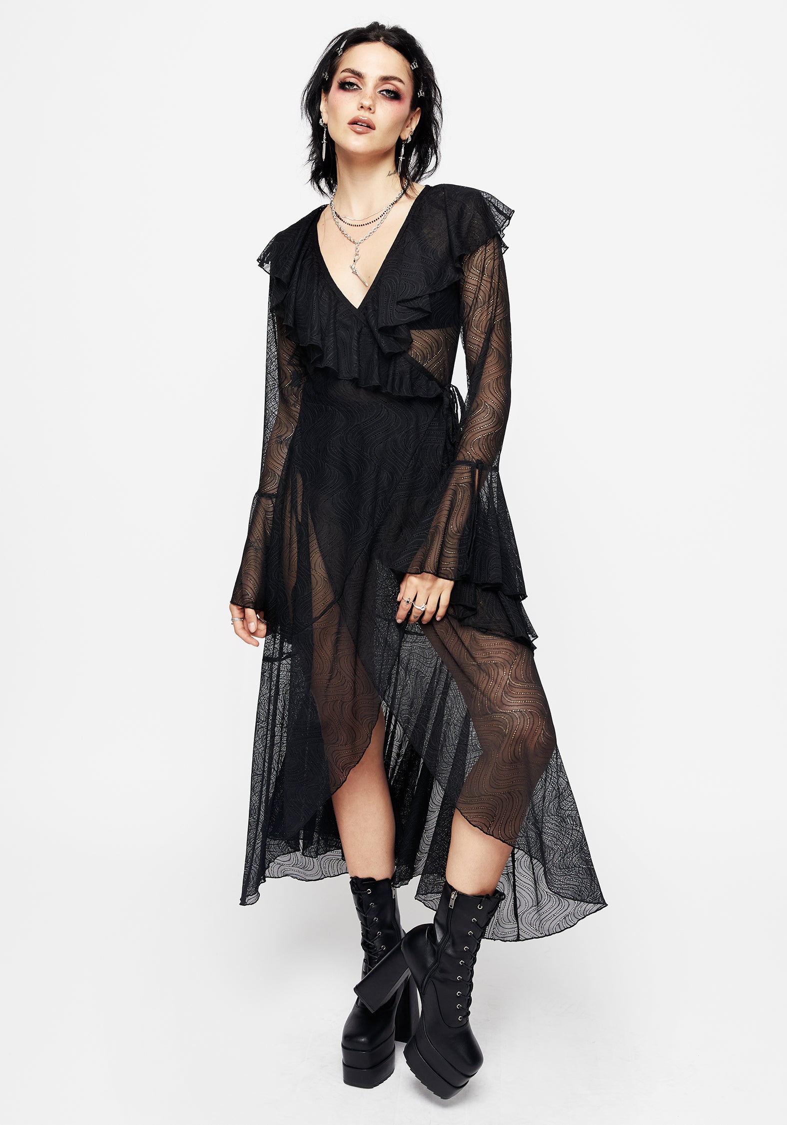 Women's Pyracantha Ruffle Wrap Dress - Black - UK 14 - Disturbia UK