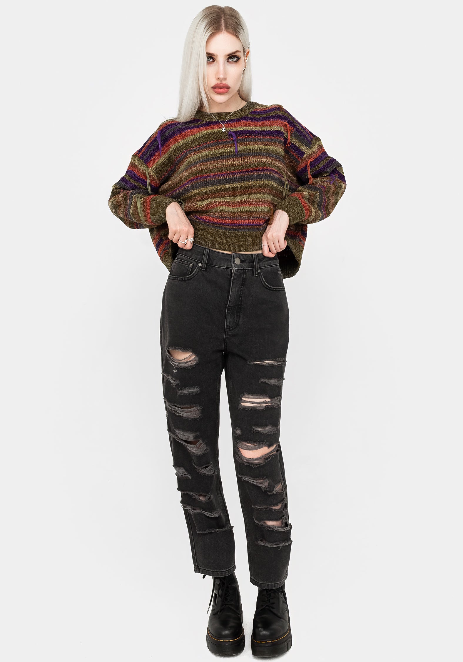 Women's Mortmoth Destroyed Mom Jeans - Black - 24" / UK 6 - Disturbia UK