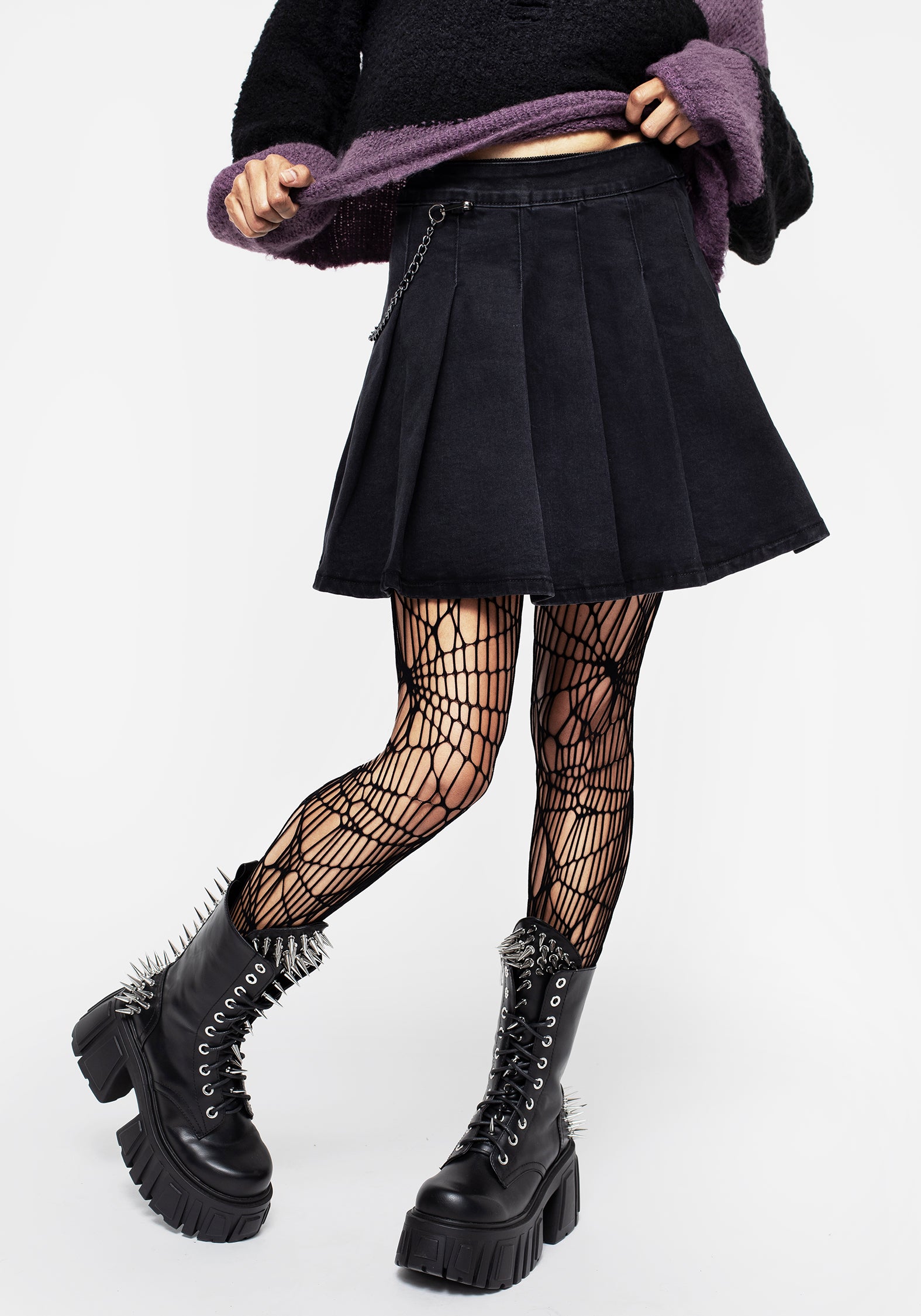 Women's Cobweb Patterned Fishnet Tights - Black - - Disturbia UK
