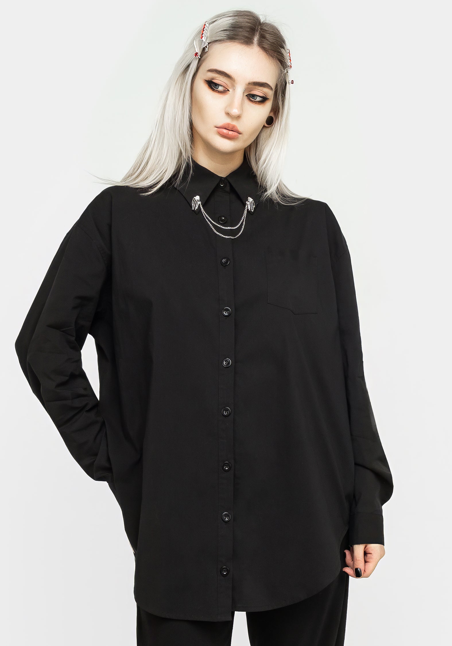 Women's Chiromancy Collar Loose Fit Shirt - Black - Black - UK 18 - Disturbia UK