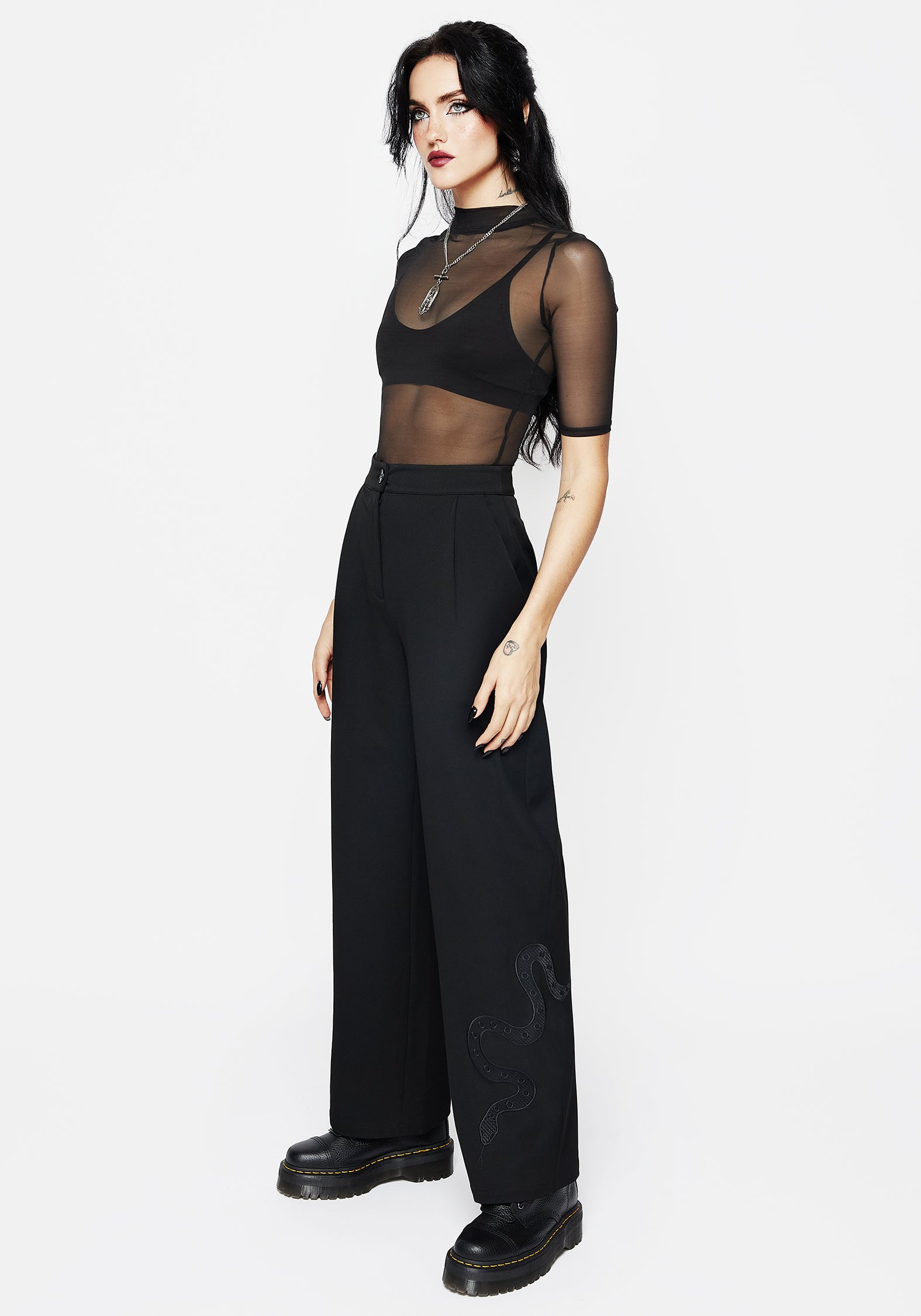 Women's Slither Snake Embroidered Tailored Trousers - Black - UK 14 - Disturbia UK