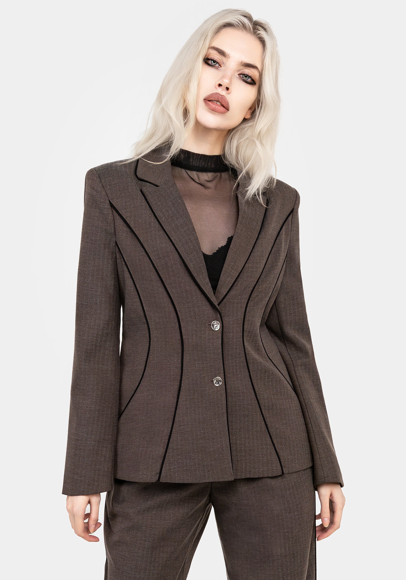 Women's Cointrelle Herringbone Piped Blazer - Grey - UK 18 - Disturbia UK
