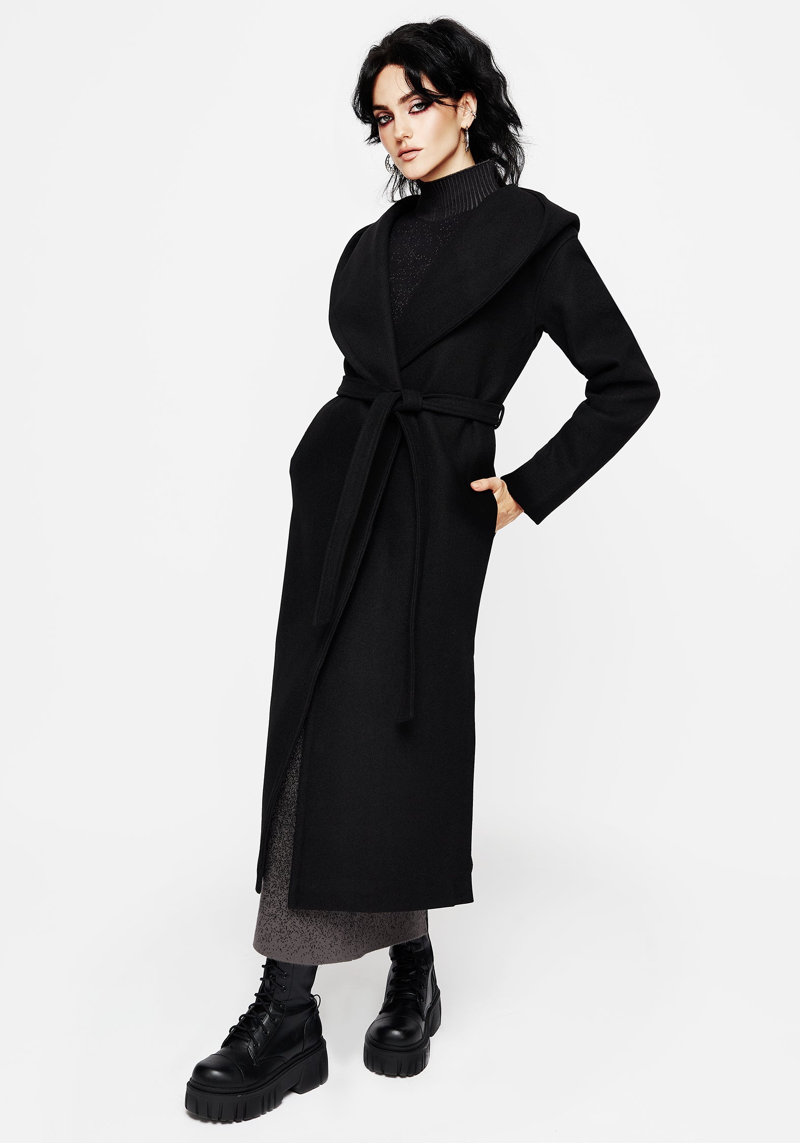 Women's Catacomb Hooded Belted Coat - Black - UK 16 - Disturbia UK