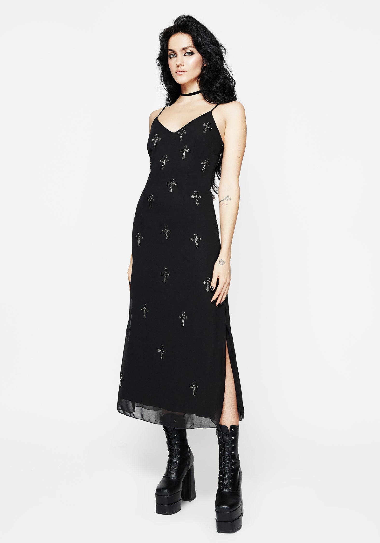 Women's Ankh Beaded Chiffon Midaxi Cami Dress - Black - UK 16 - Disturbia UK