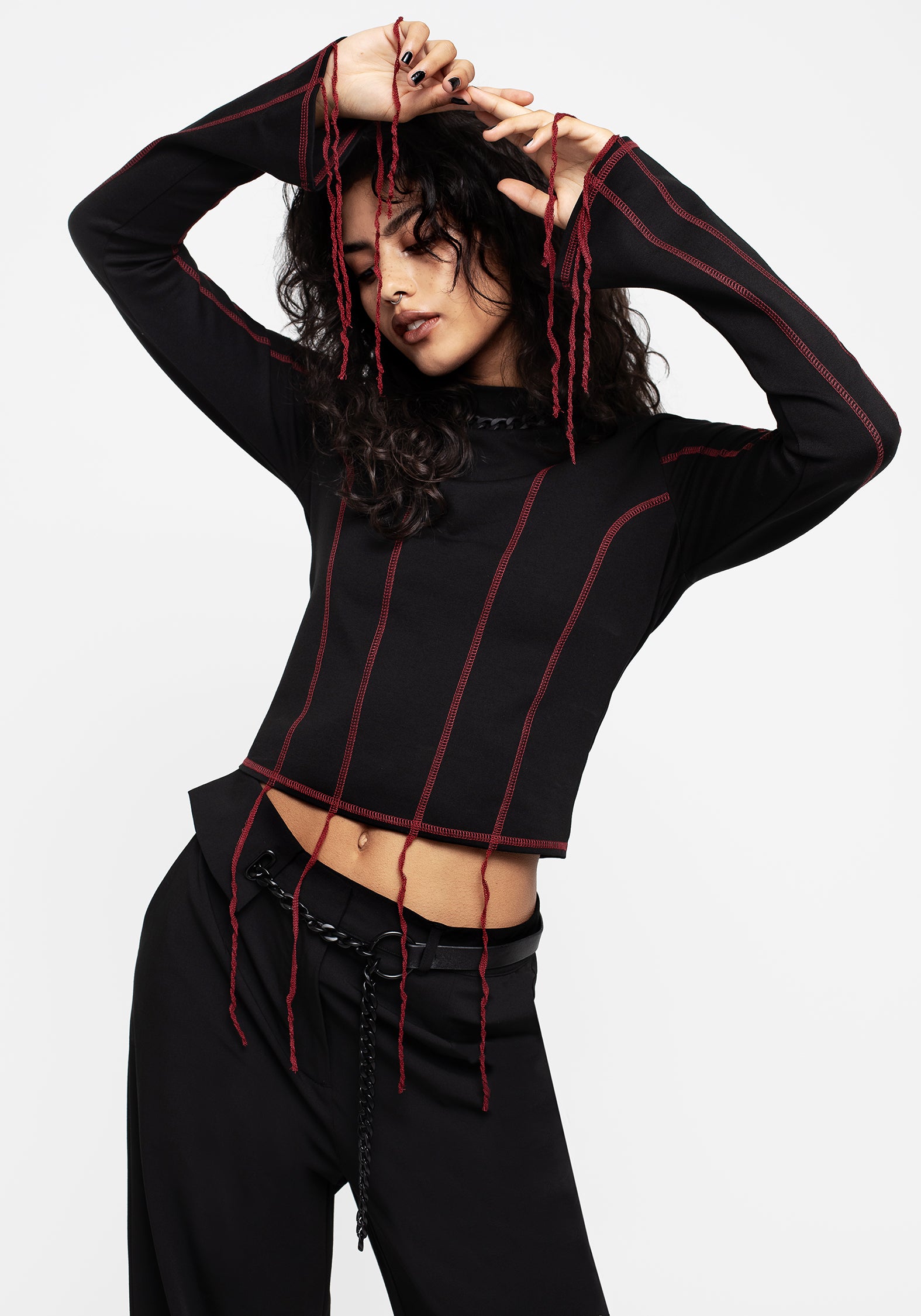 Women's Lissa Contrast Stitch Long Sleeve Top - Black,Red - UK 6 - Disturbia UK