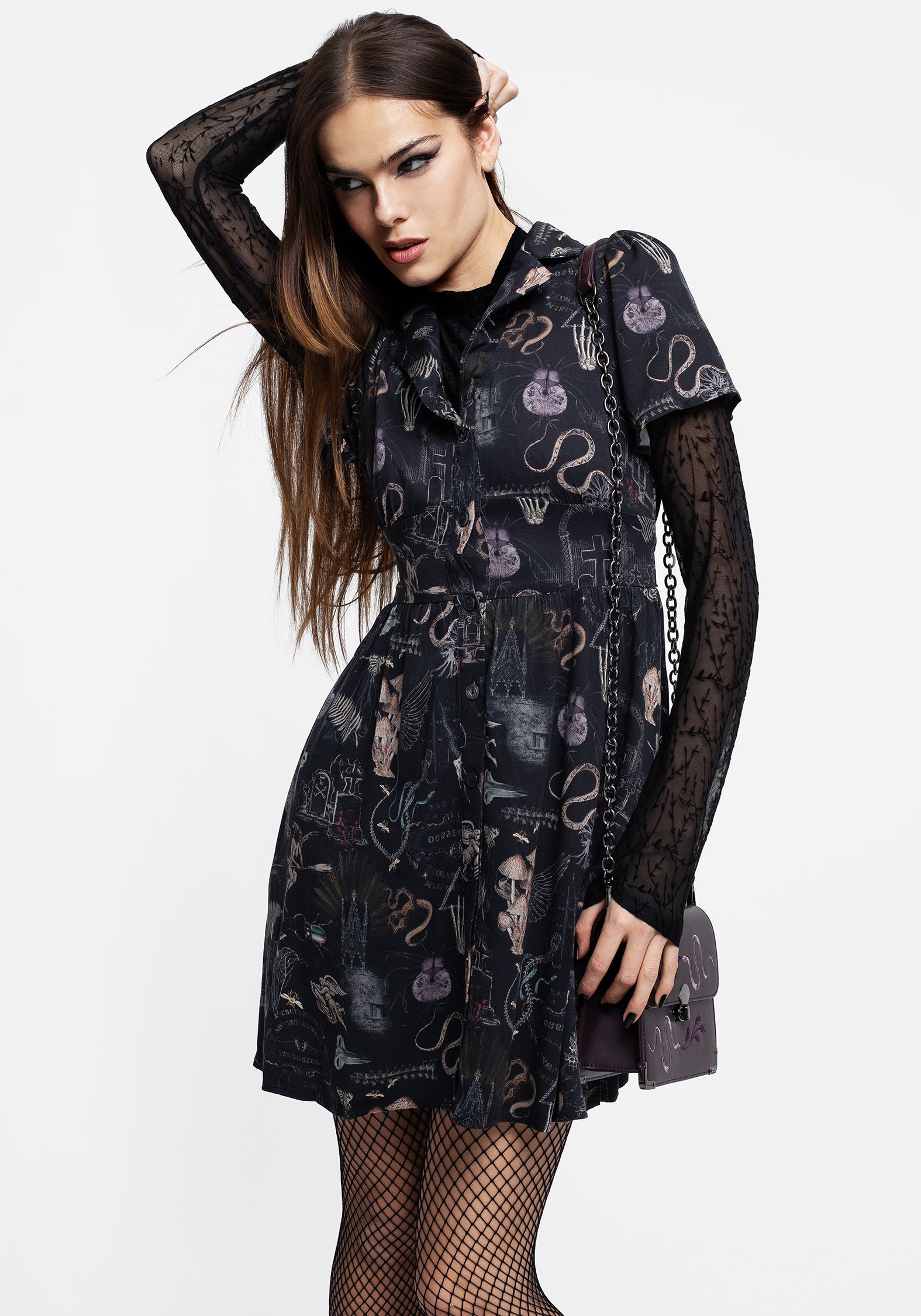 Women's Maudeline Victoriana Print Eco-Viscose Mini Shirt Dress - Black - UK 14 - Disturbia UK