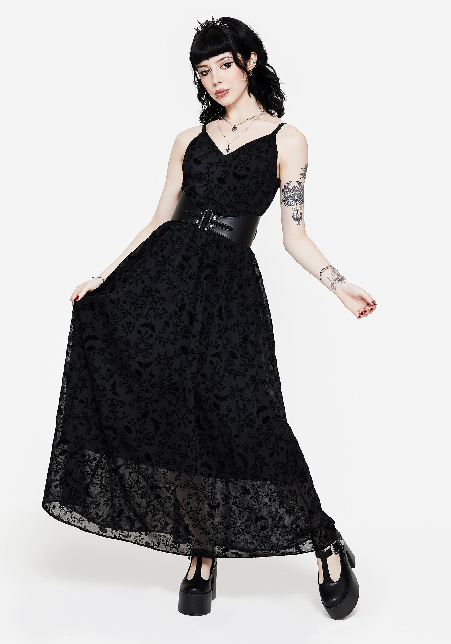 Women's Faustina Flocked Chiffon Maxi Cami Dress - Black - UK 20 - Disturbia UK