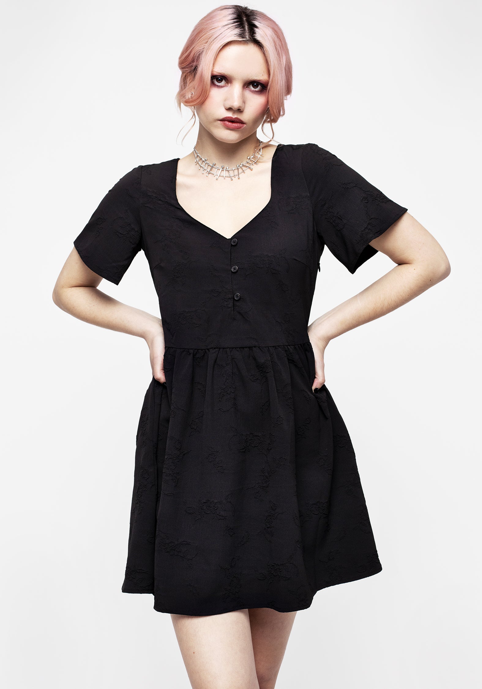 Women's Medea Button Jacquard Floral Mini Dress - Black - UK 10 - Disturbia UK