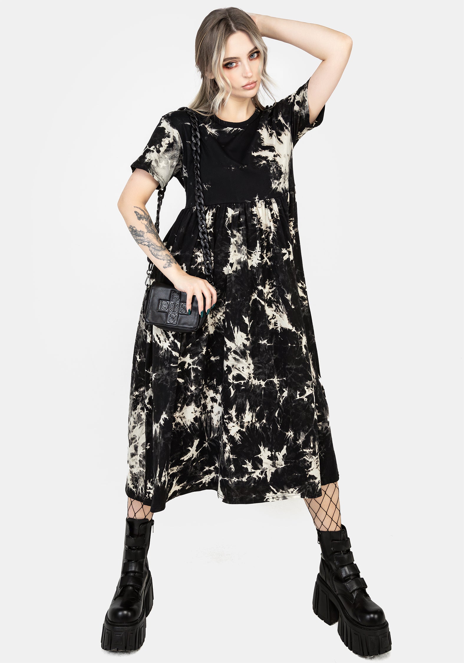 Women's Moodswing Tie Dye Midi Dress - Black,White - UK 18 - Disturbia UK