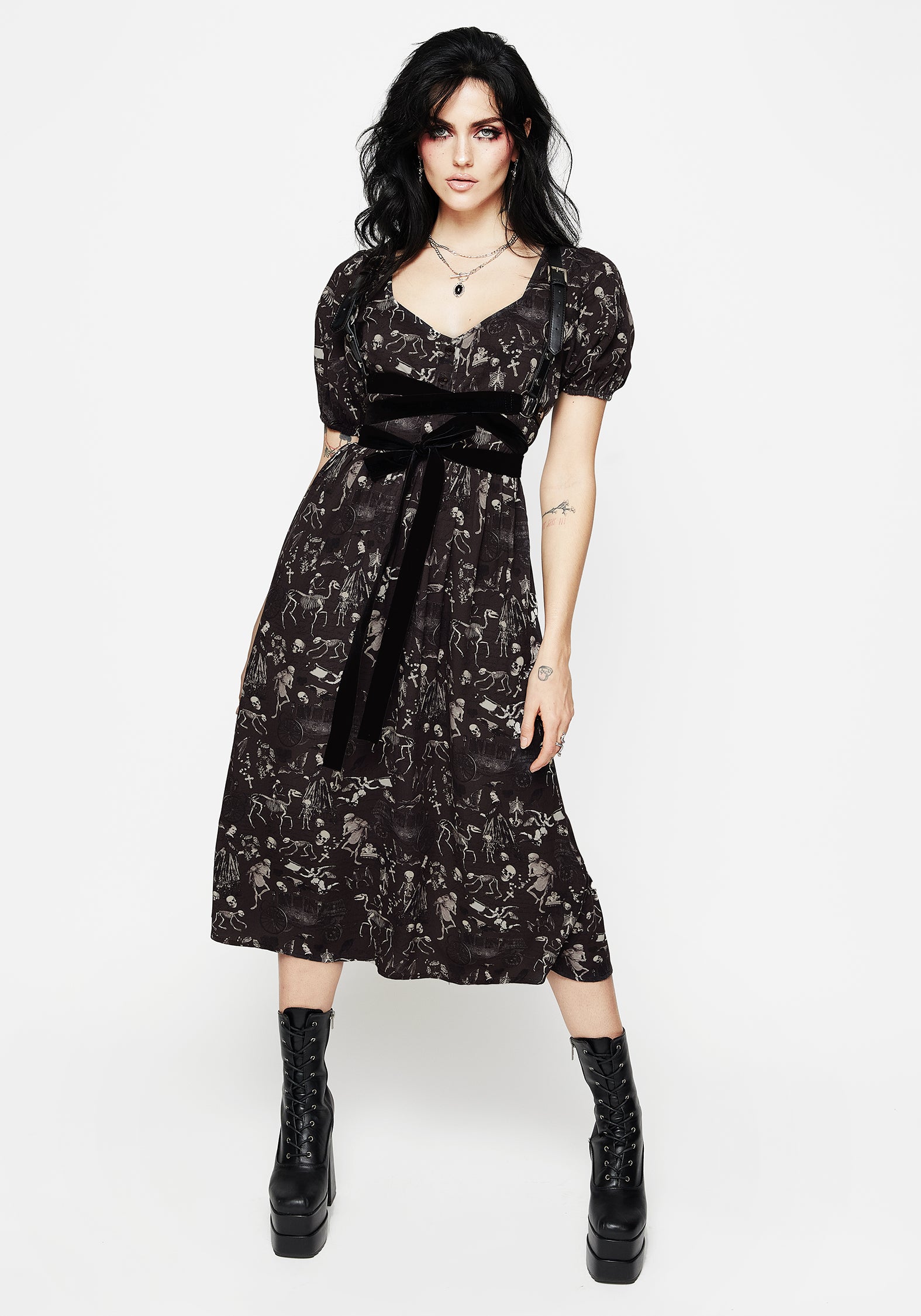 Women's Melancholia Button Detail Puff Sleeve Midi Dress - Black - UK 16 - Disturbia UK