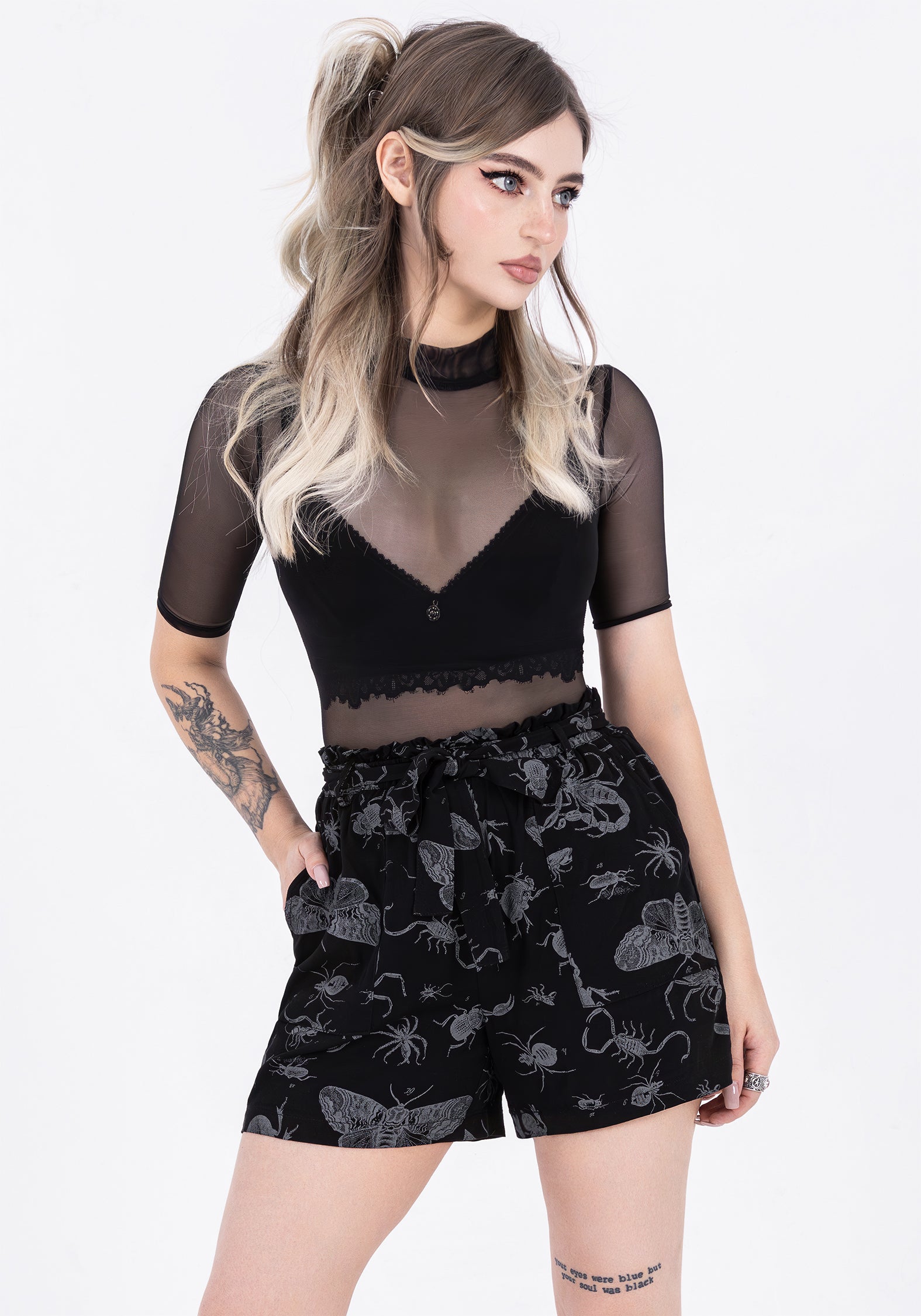 Women's Parasite Bugs Tie Waist Paperbag Shorts - Black - Black,Grey - UK 16 - Disturbia UK