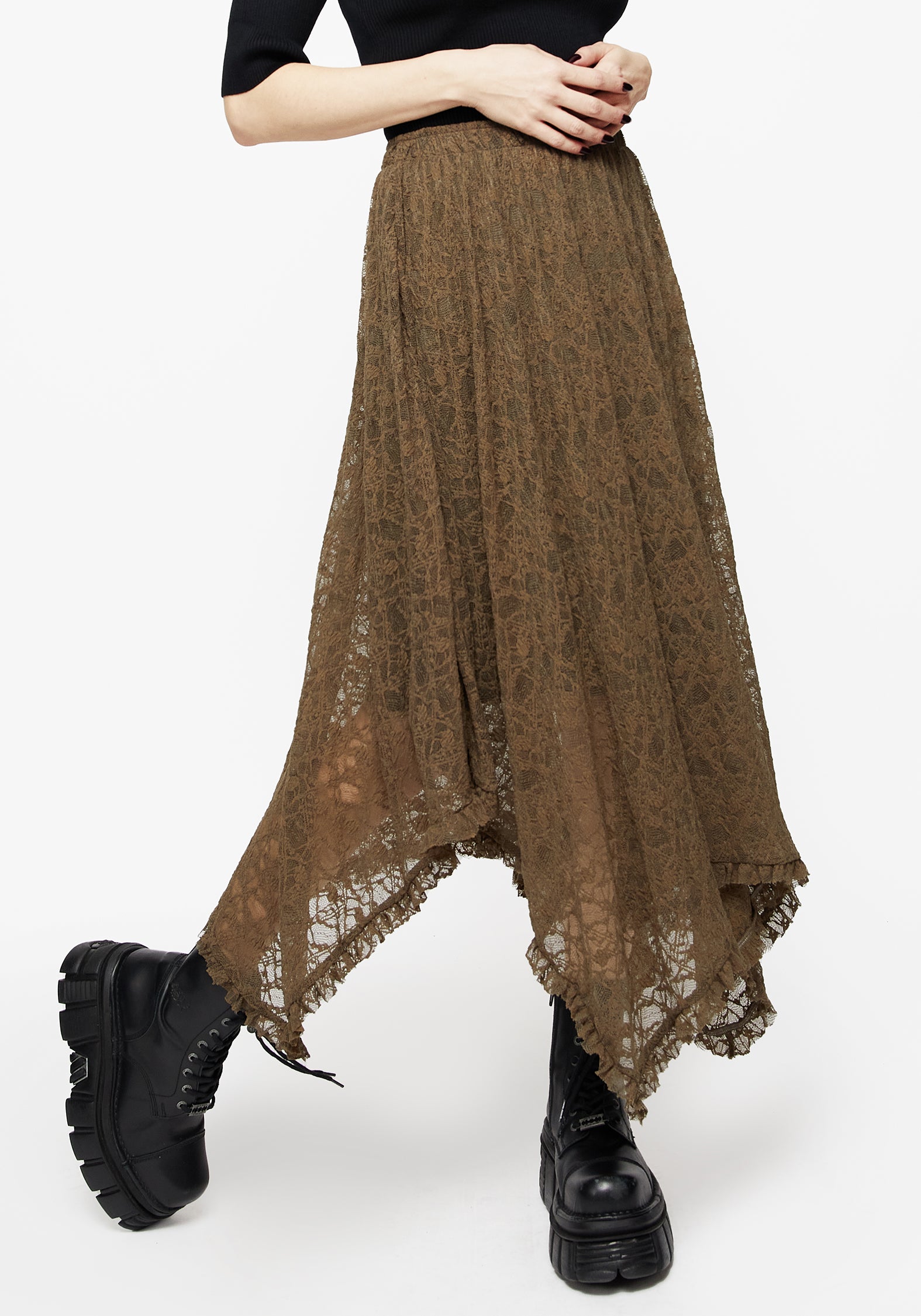 Women's Myrtle Floral Lace Layered Midi Skirt - Brown - UK 18 - Disturbia UK