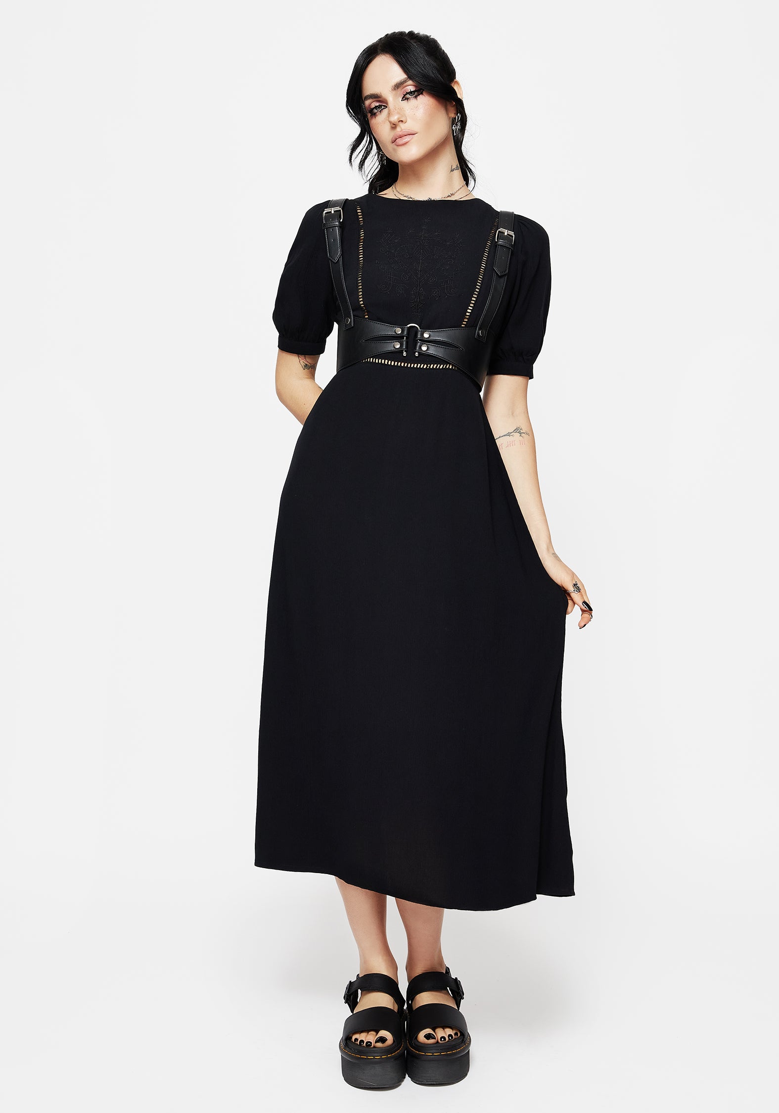 Women's Blessing Puff Sleeve Tie Back Midi Dress - Black - UK 20 - Disturbia UK