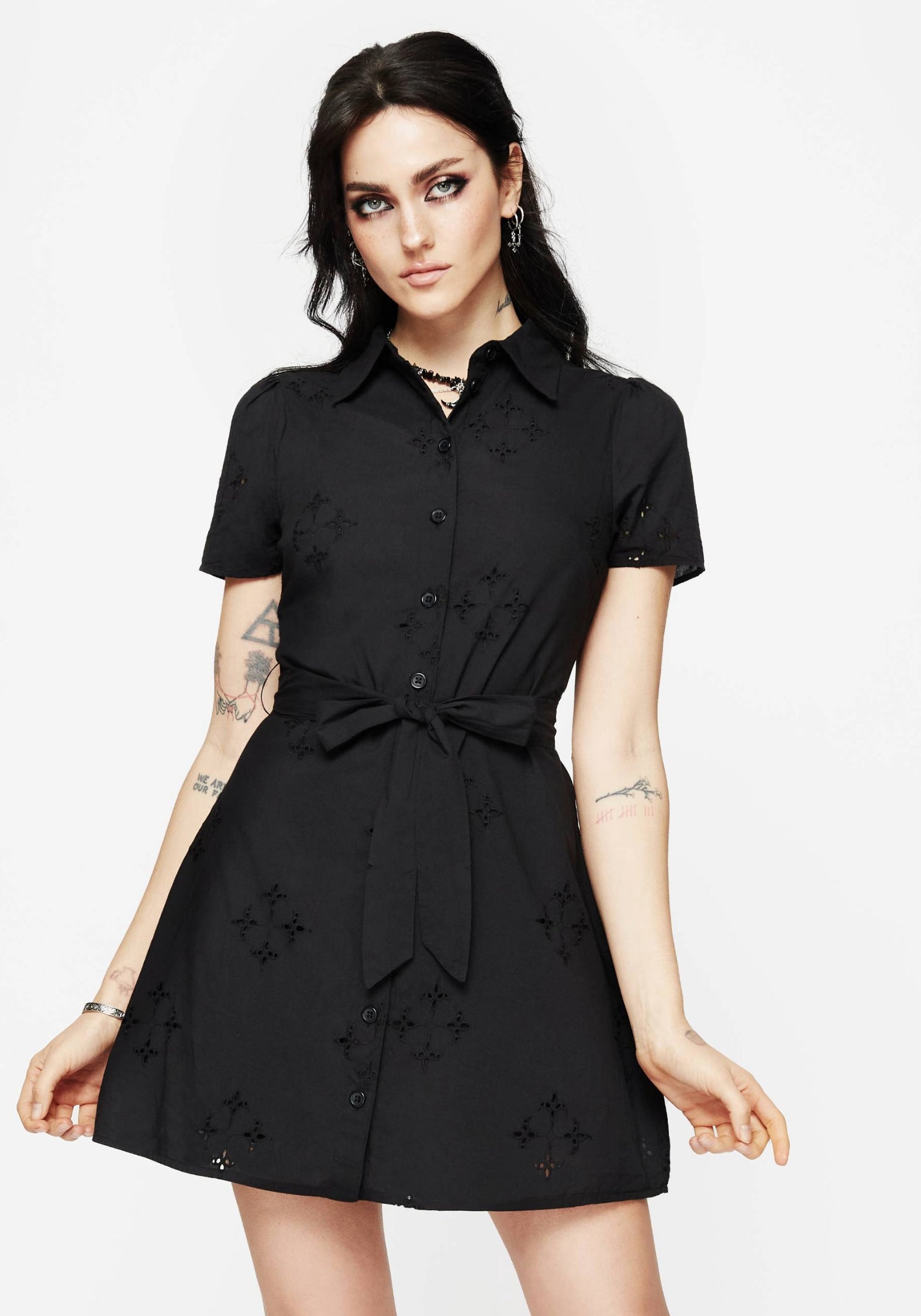 Women's Crux Broderie Cotton Belted Mini Shirt Dress - Black - UK 12 - Disturbia UK