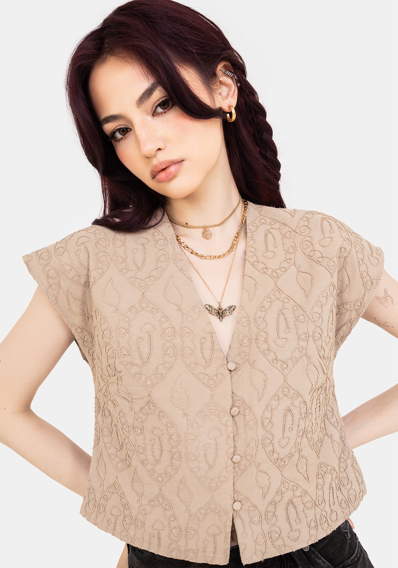 Women's Suma Cotton Textured Blouse - Taupe - UK 16 - Disturbia UK