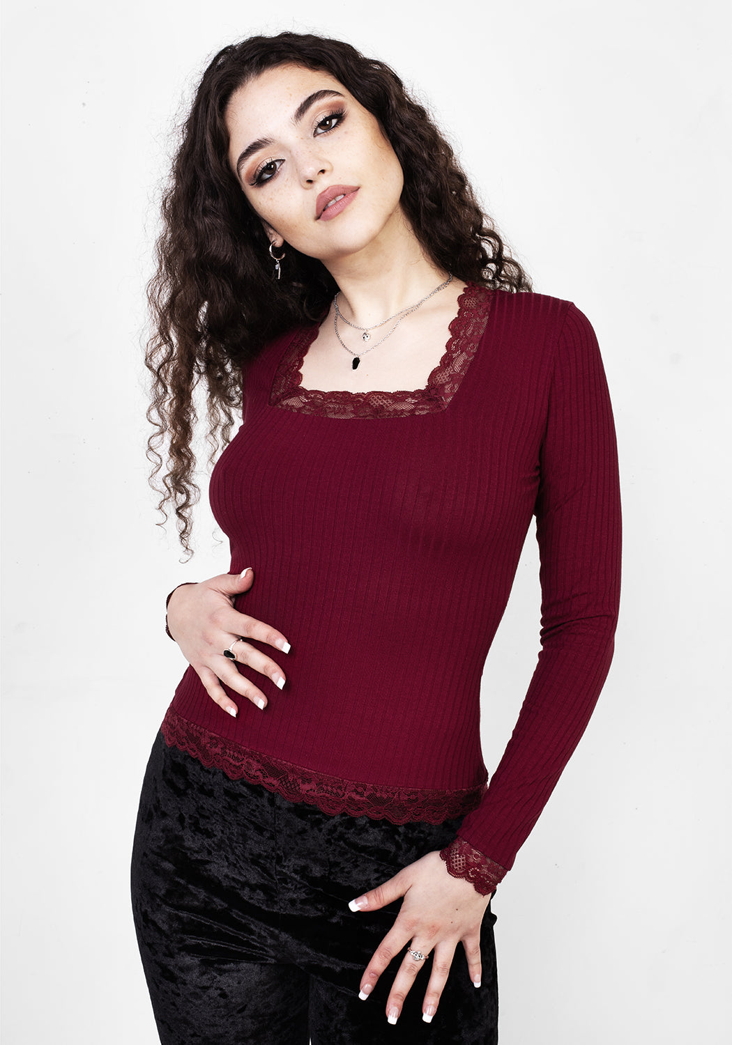 PERDITA LONG SLEEVE LACE TRIM TOP