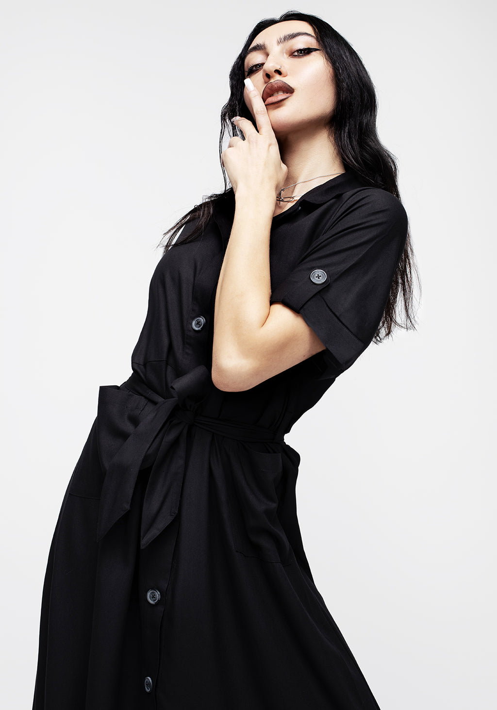 Maidenhair-Midi-Short-Sleeve-Shirt-Dress-Midnight-Black – Disturbia