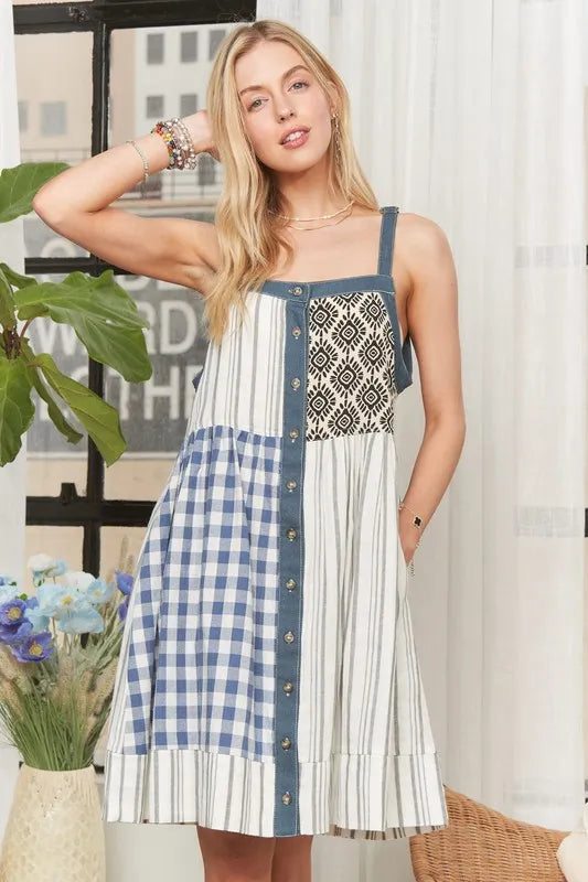 ADORA Patchwork Button Front Mini Dress In Denim Navy