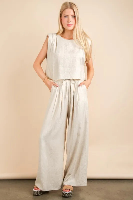VERY J Solid Woven Top & Pants Set In Oatmeal