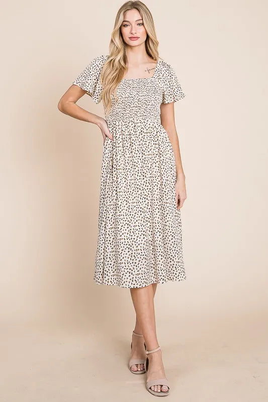 Lime 'N' Chili Ditsy Leopard Print Square Neck Smocked Midi Dress In Ivory