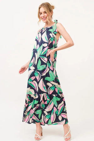 And The Why Botanical Printed Halterneck Tiered Maxi Dress In Navy - AddiBray