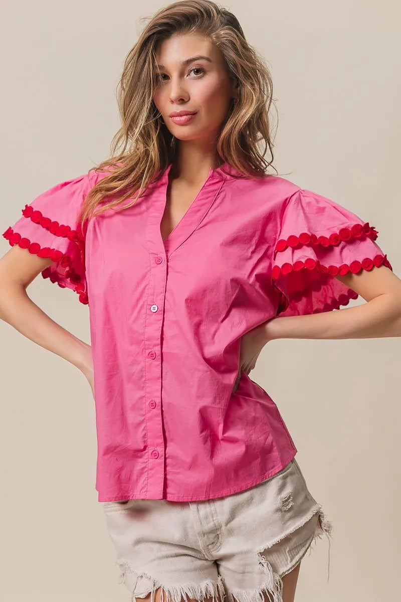 BiBi Dot Trim Flutter Sleeve Notched Top In Fuchsia