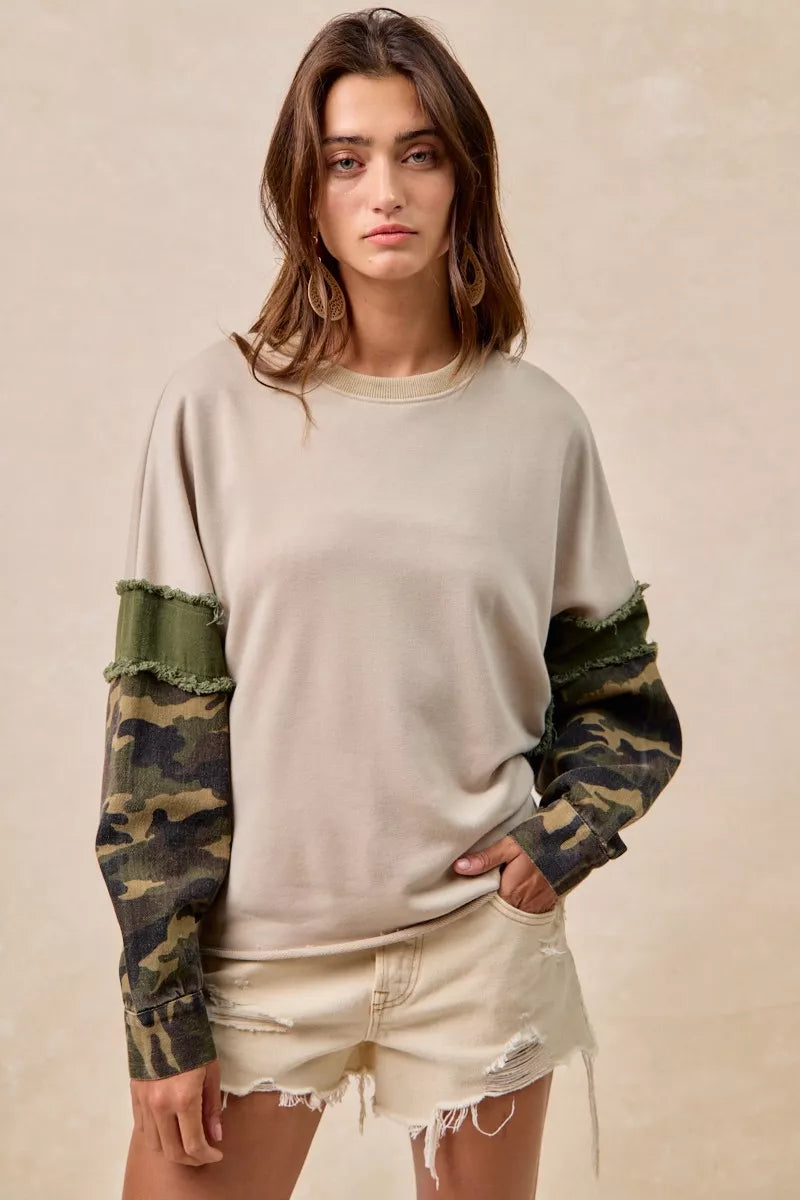 BiBi Camo Sleeve French Terry Top with Frayed Edge In Taupe Olive