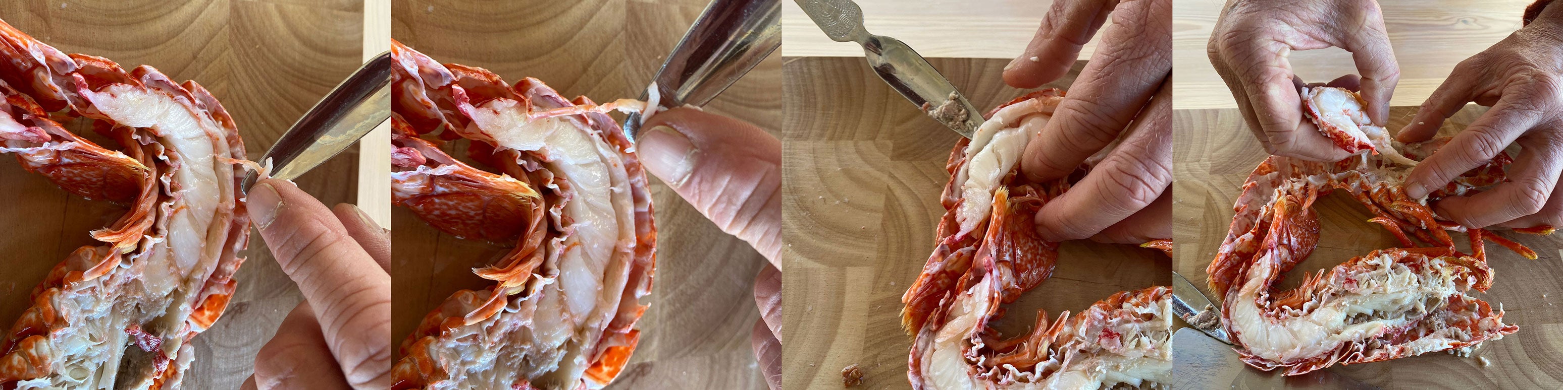 Remove the tract from the tail meat and remove the lobster tail meat turn it over and put it back in the opposite shell.